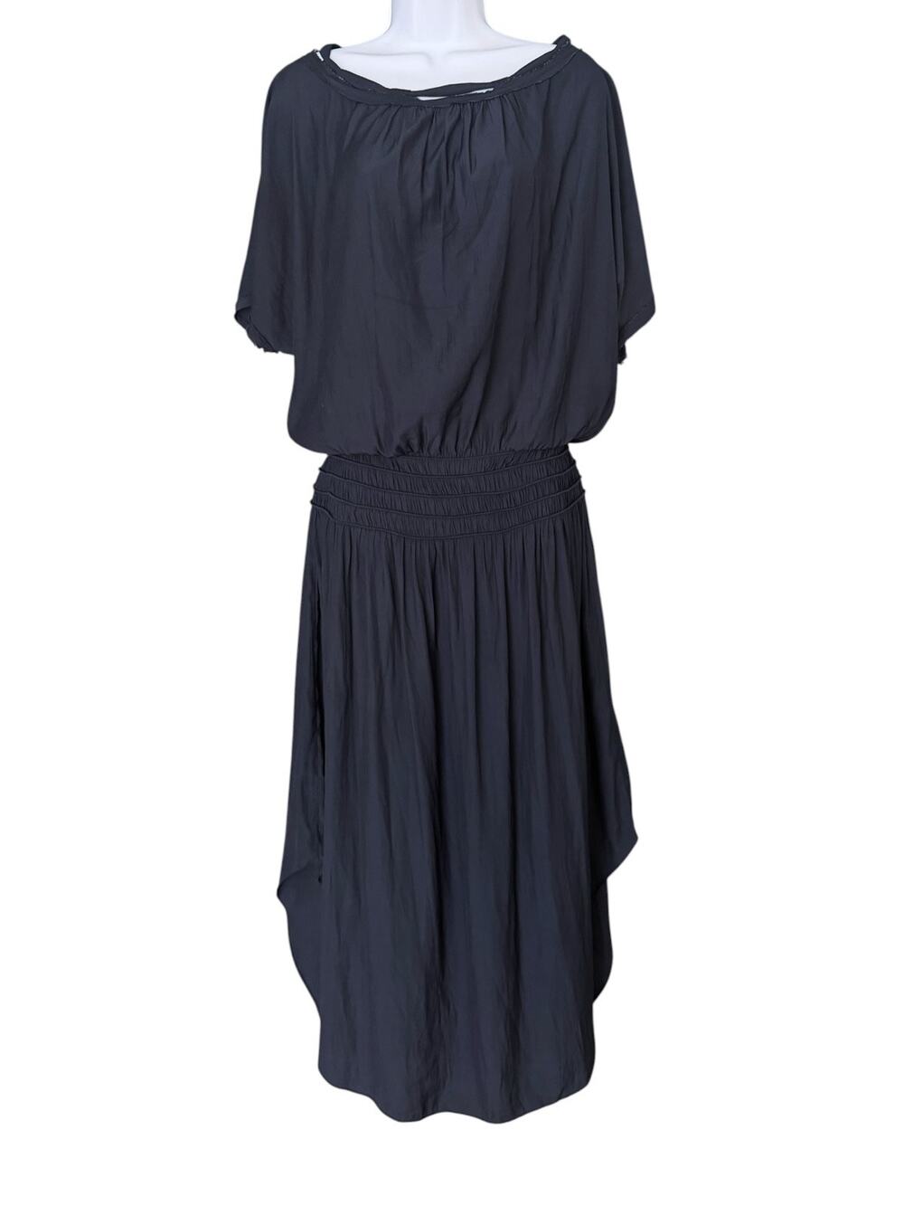 Ramy Brook Navy Smocked-Waist Midi Dress Women's M Off-The-Shoulder Blouson